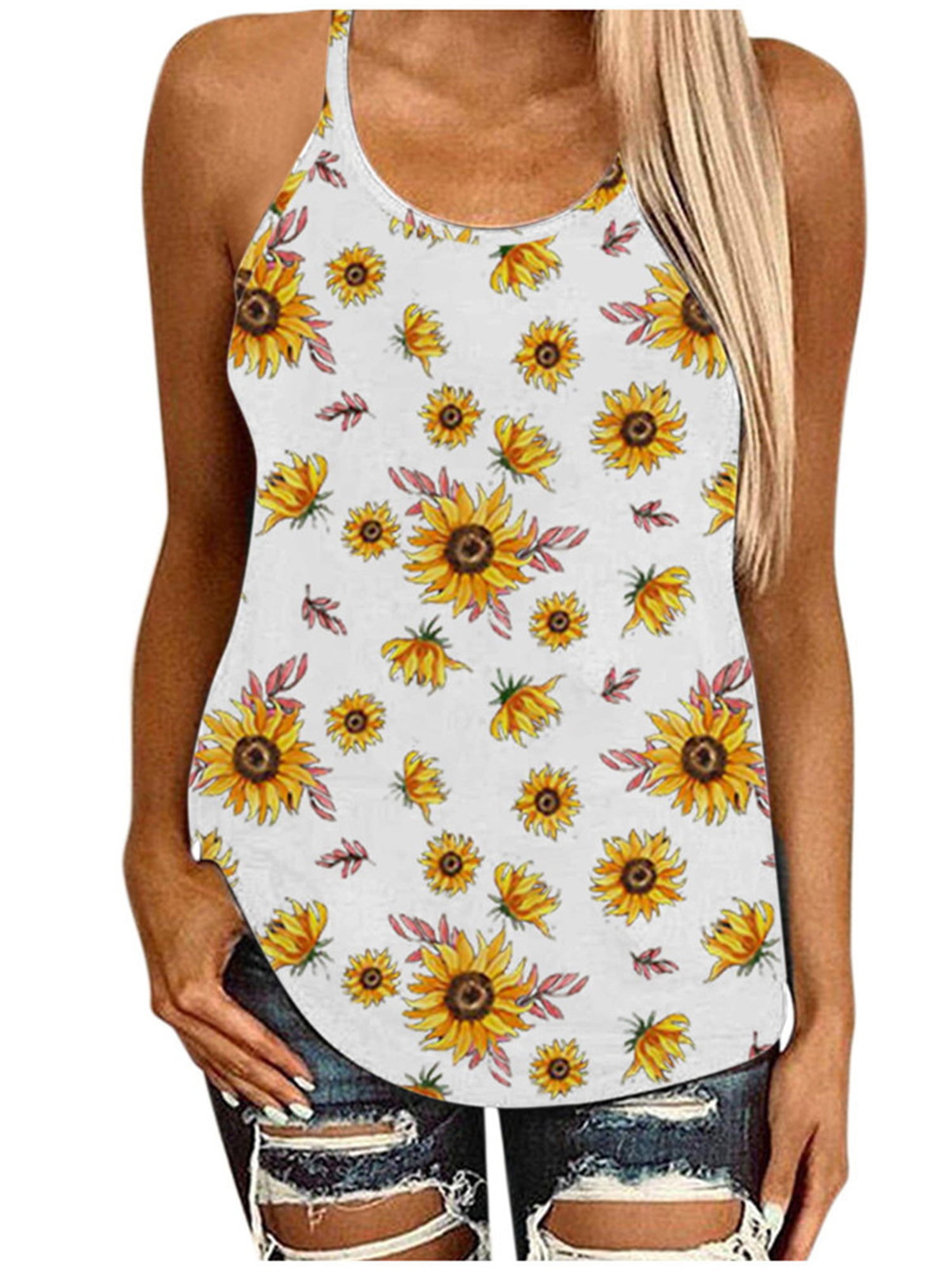 Sunflower Tank Tops for Women Summer Criss Cross Casual Backless Spaghetti Strap Shirts Strappy Sleeveless T-Shirt