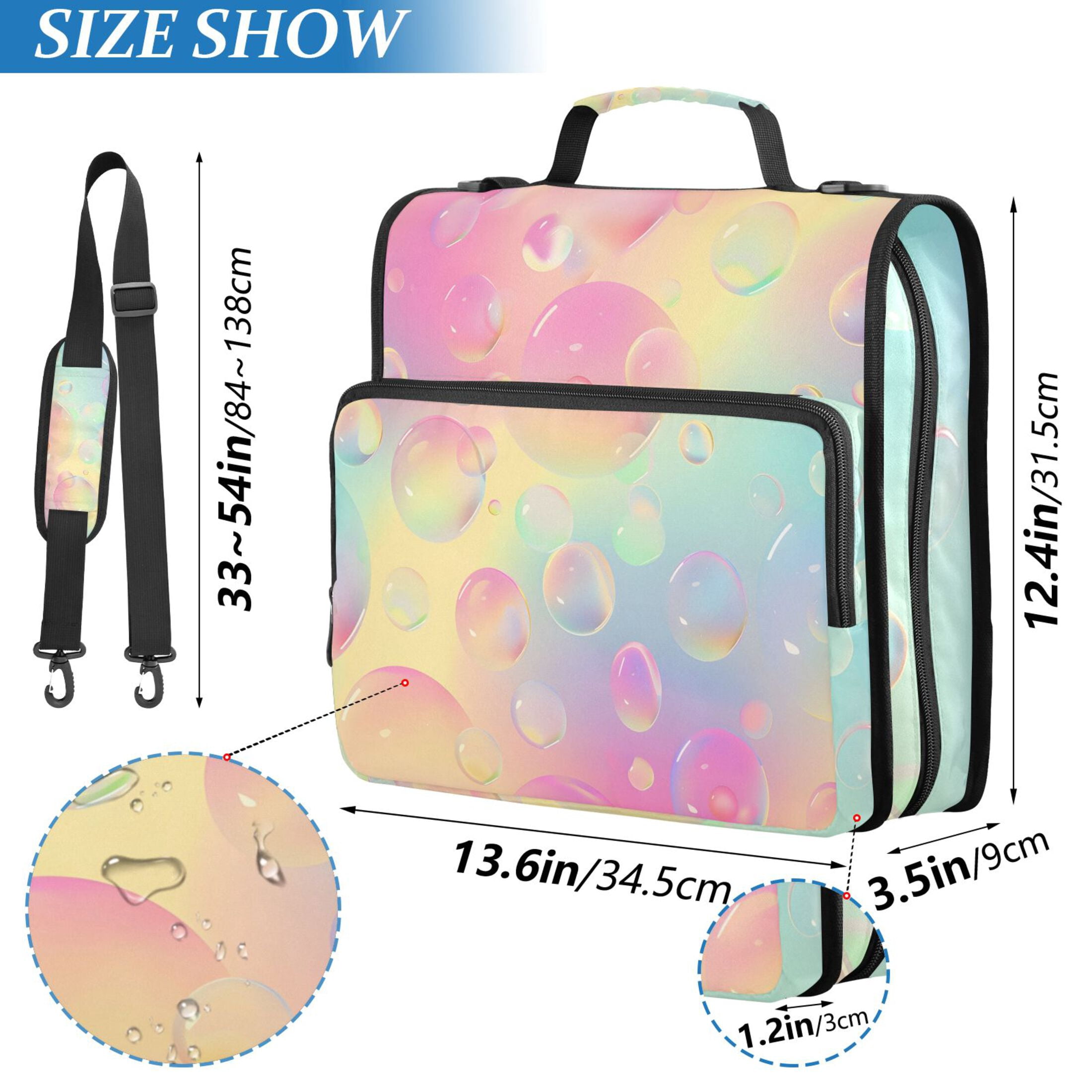 3 Ring Zipper Binder with Shoulder Strap Waterproof Trapper Keeper 2 Inch D-Ring 500 Sheets Capacity Colorful Bubbles