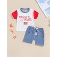 thumbnail image 4 of Aojekbee 4th of July Toddler Boys Outfits Letter Flag Embroidery Contrast Color Short Sleeve T-Shirts Tops and Shorts 2Pcs Clothes Set, 4 of 10