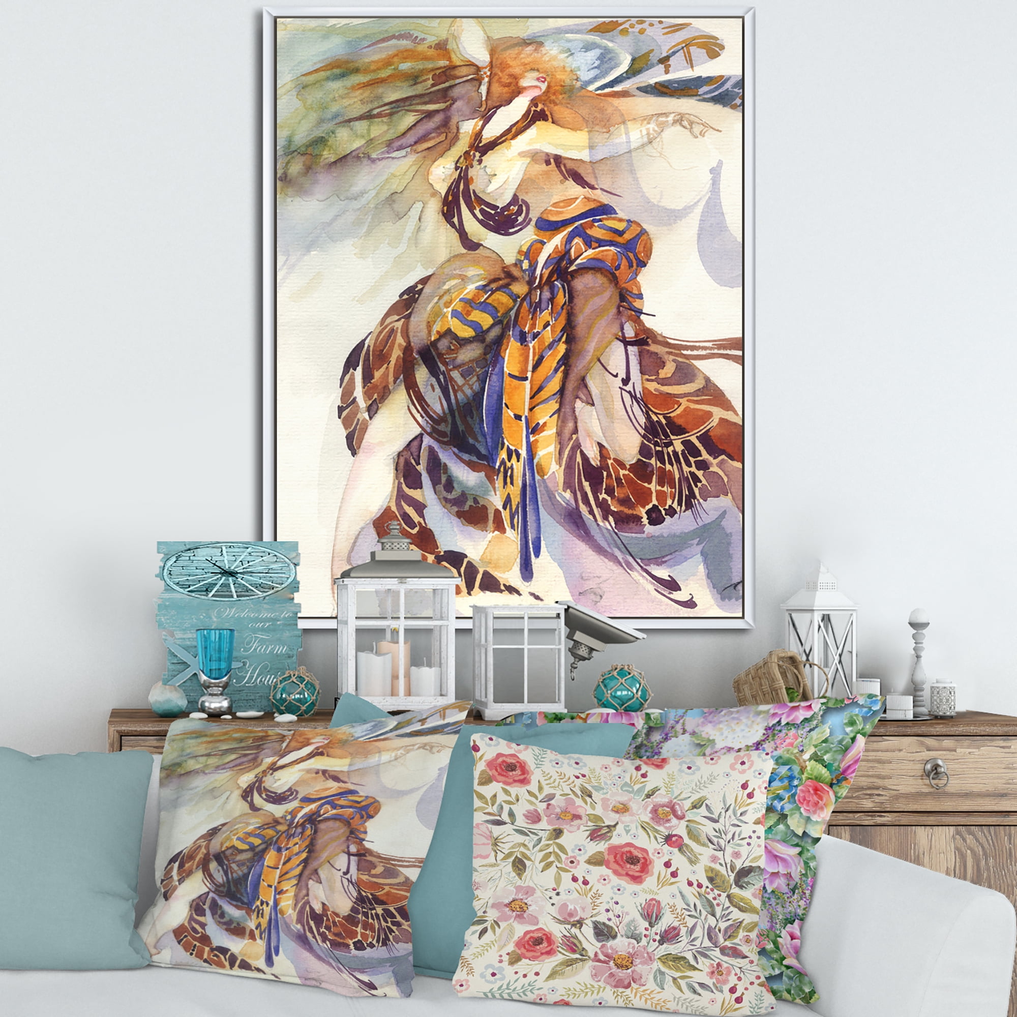 Allegory of Paradise Bird Woman Portrait 30 in x 40 in Framed Painting Canvas Art Print, by Designart