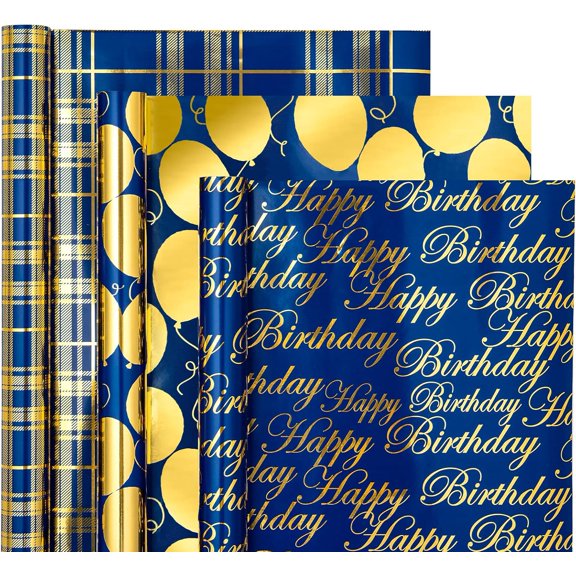 AllWays Plaza Birthday Wrapping Paper Roll - Mini Roll - 3 Rolls - 17 inch X 120 inch Per roll - Blue and Gold Foil Design for Party, Holiday, Baby Shower