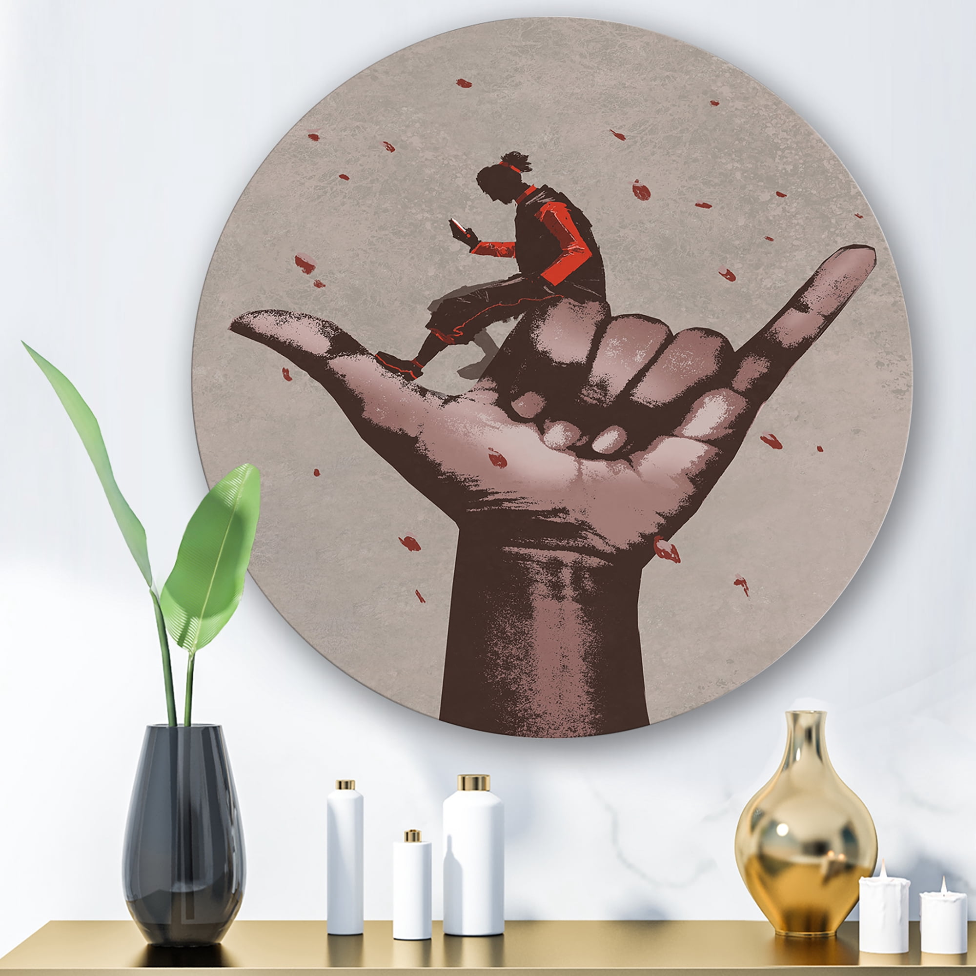 Designart 'Man Using Mobile Phone With Call Me Sign' Modern Circle Metal Wall Art 11x11 - Disc of 11