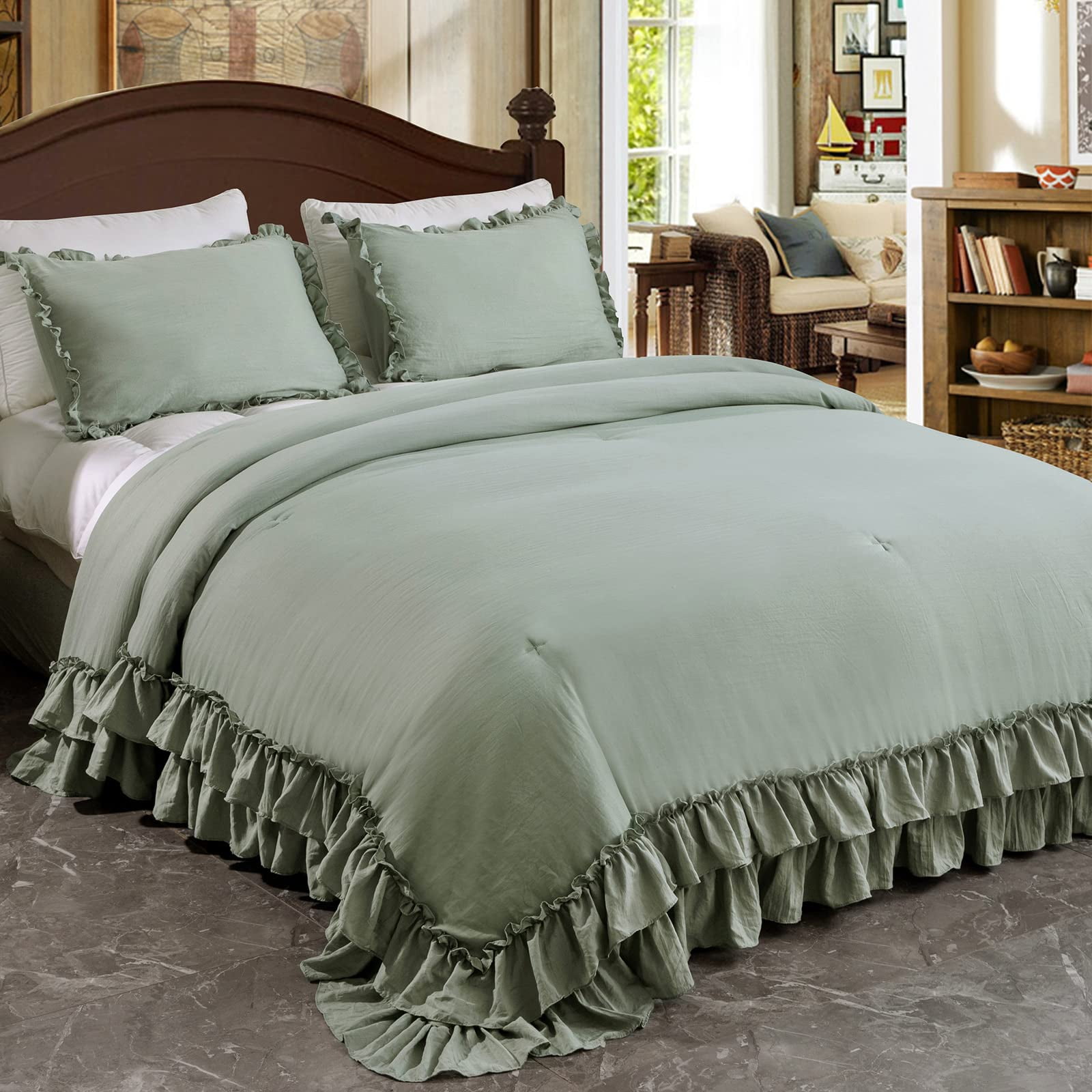 QSH Sage Green Comforter Set Queen Shabby Ruffled Bedding Set 3 Piece