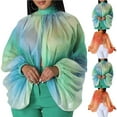 thumbnail image 6 of Chiffon Shirts for Women Fashion Puff Long Sleeve Mock Neck Open Front Casual Loose Tops Ladies Party Club Blouses (Green,XL), 6 of 6