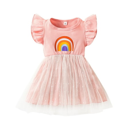 

Rovga Toddler Girls Fly Sleeve Dresses Kids Rainbow Printed Tulle Princess Dress Fashion Kids Dress