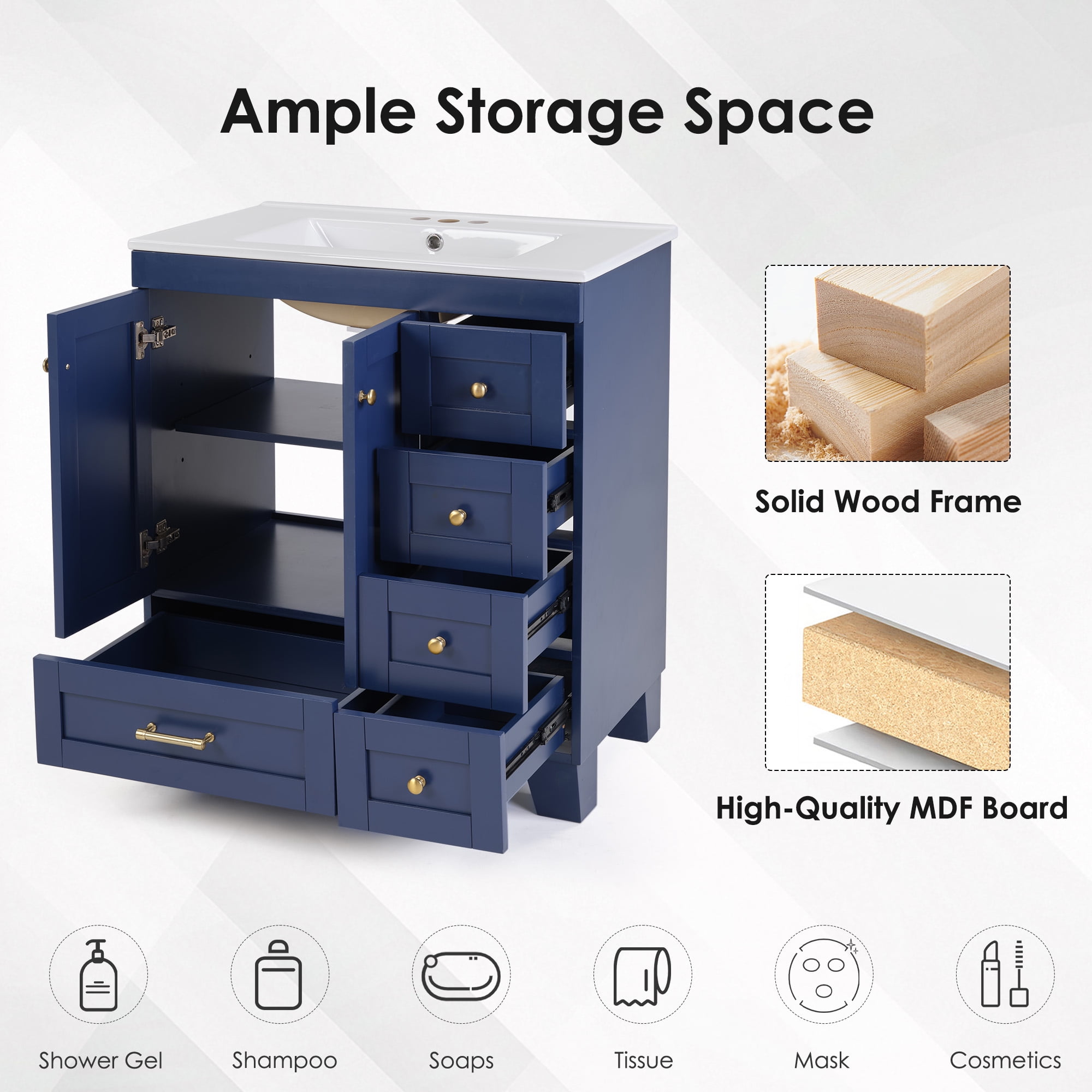 Bathroom Vanity, Vanity with Sink, Storage Vanity 30 Inch with Integrated Ceramic Sink Soft Close Drawers Multi Tier Storage Solid Wood Frame for Bathroom, Blue
