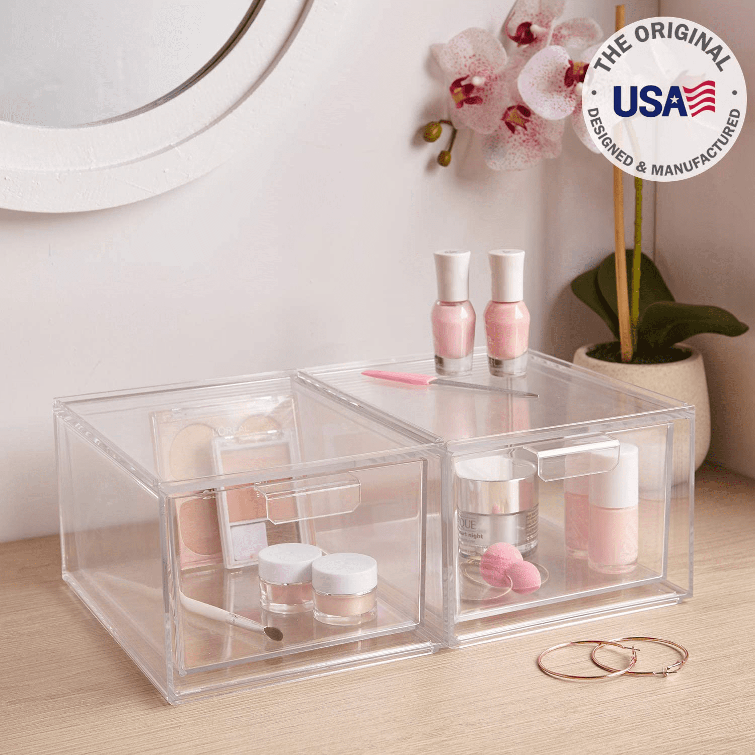  STORi Sofia Plastic Stackable Organizers Drawers (Set of 2) Clear  Drawers for Makeup, 12.5-inches Wide, Set Includes One Open Drawer & One  3-compartment Drawer