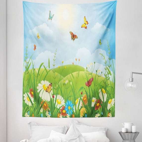 Spring Green Tapestry, Sun Butterflies Insects Ladybugs Herbs Flowers in Cartoon Design Illustration, Fabric Wall Hanging Decor for Bedroom Living Room Dorm, 5 Sizes, Multicolor, by Ambesonne