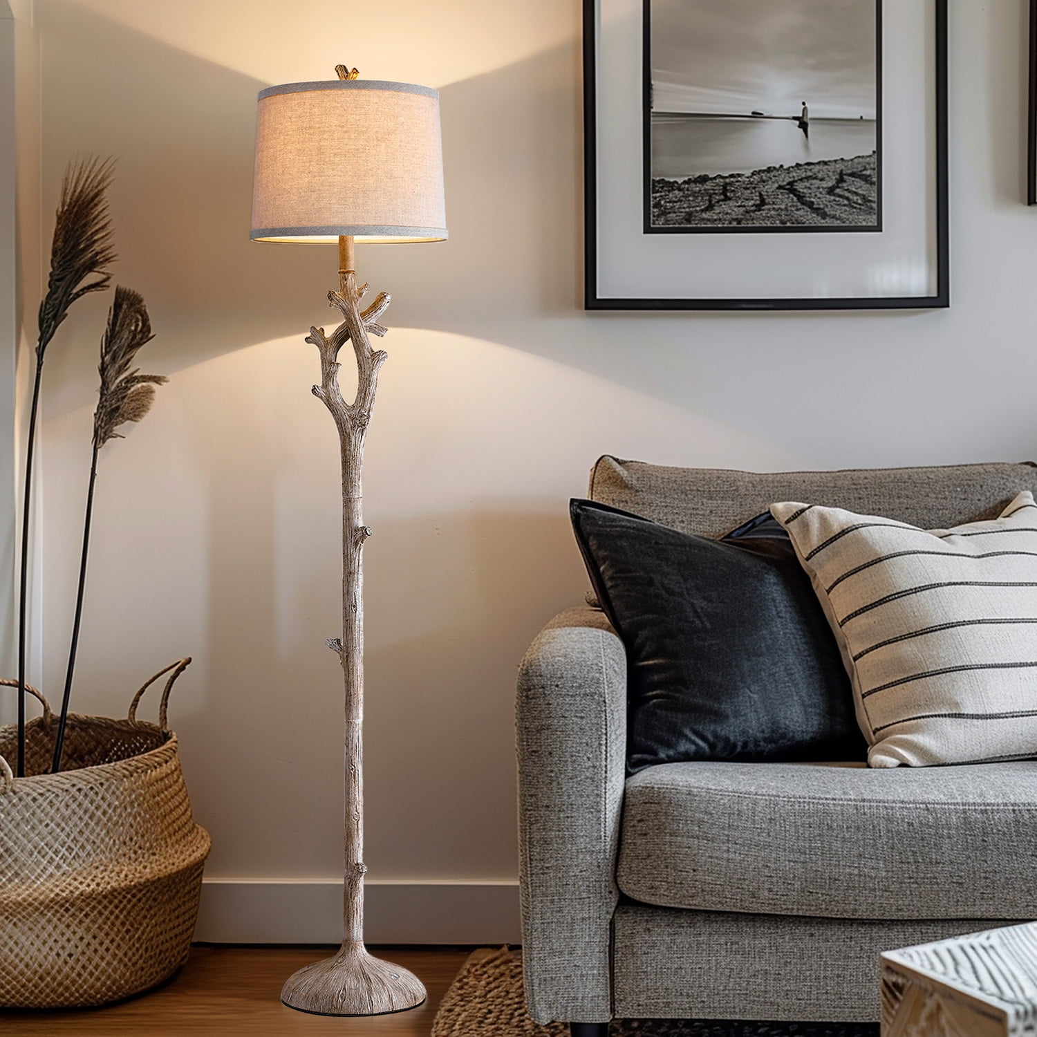 Oneach 59.75" Farmhouse Floor Lamp with Lamp Shade,Retro Tree Trunk Deco Standing Lamp for Bedroom, Living Room, Office
