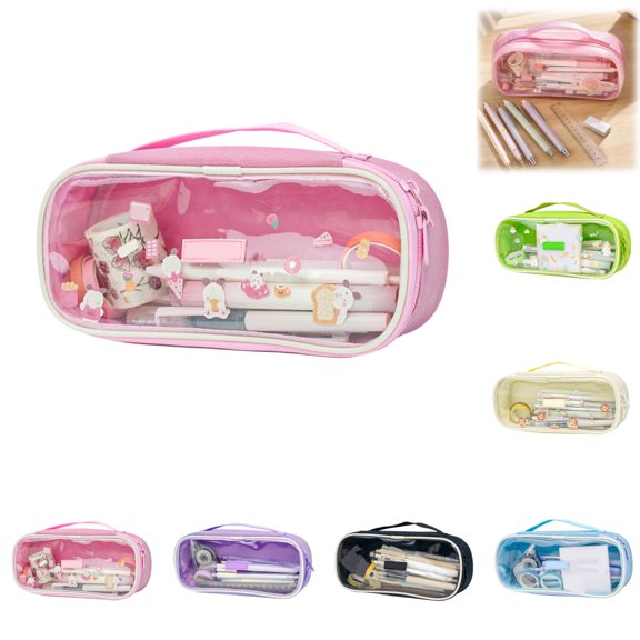 Large Pencil Case, Clear Pen Pencil Pouch with Zipper, Multifunction Transparent Stationery Bag for Student College Office Teen Boys Girls Makeup Bag for Adults Travel (Pink)