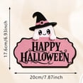 thumbnail image 4 of Kdkad Halloween Welcome Sign for Front Door, Ghost Wooden Wreaths with Hanging Chains for Halloween Decorations Outdoor, Pink Black Halloween Wall Decor for Halloween Party Supplies, 4 of 7