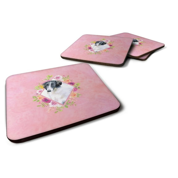 Carolines Treasures CK4122FC Borzoi Pink Flowers Foam Coaster Set of 4 3 1/2 x 3 1/2 multicolor