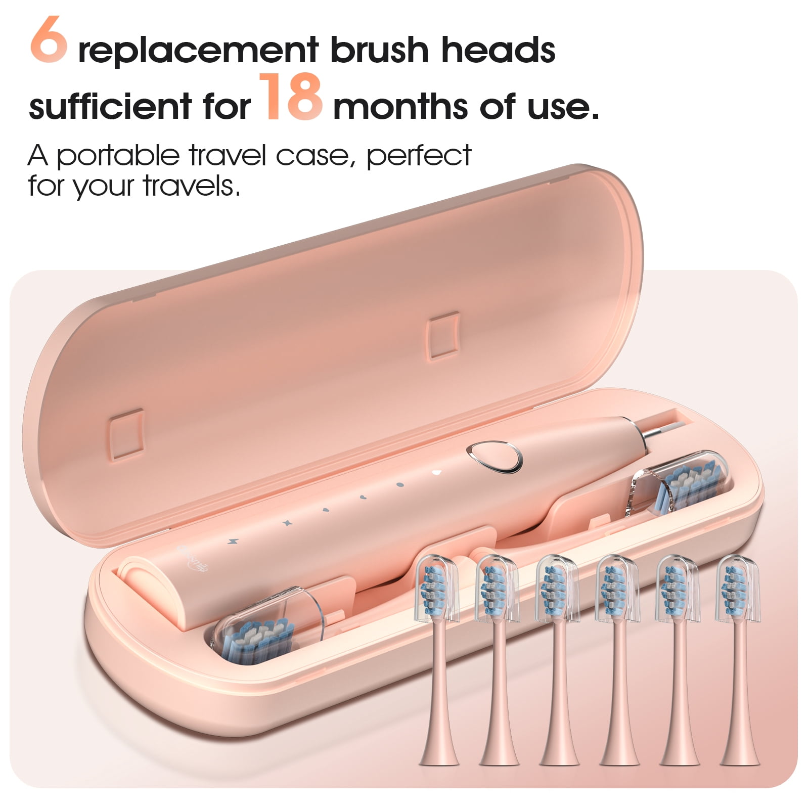 OasiSmile Sonic Electric Toothbrush Set for Adults with Travel Case, 6 Brush Heads, 100-Day Battery Life, 5 Modes 42000 VPM Rechargeable Power Toothbrush, Pink