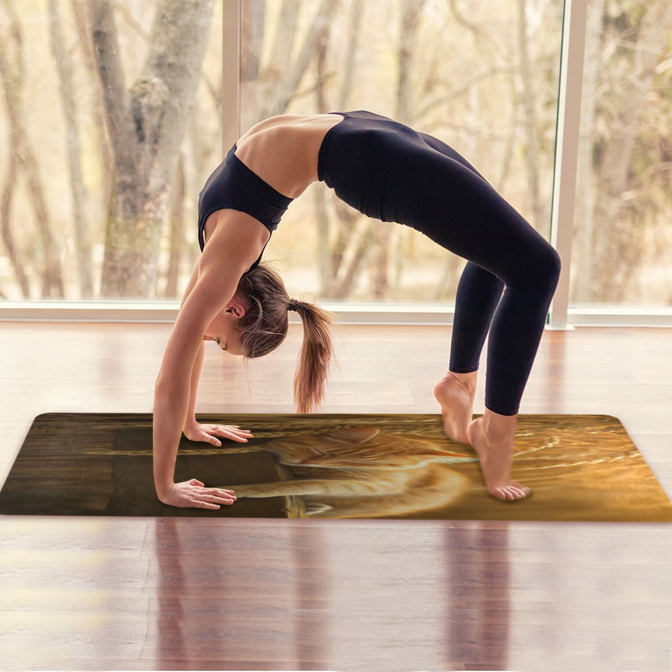 BZSMCE Yoga Mat Women Fitness Mat Dreamy Cat in Sunset Pattern