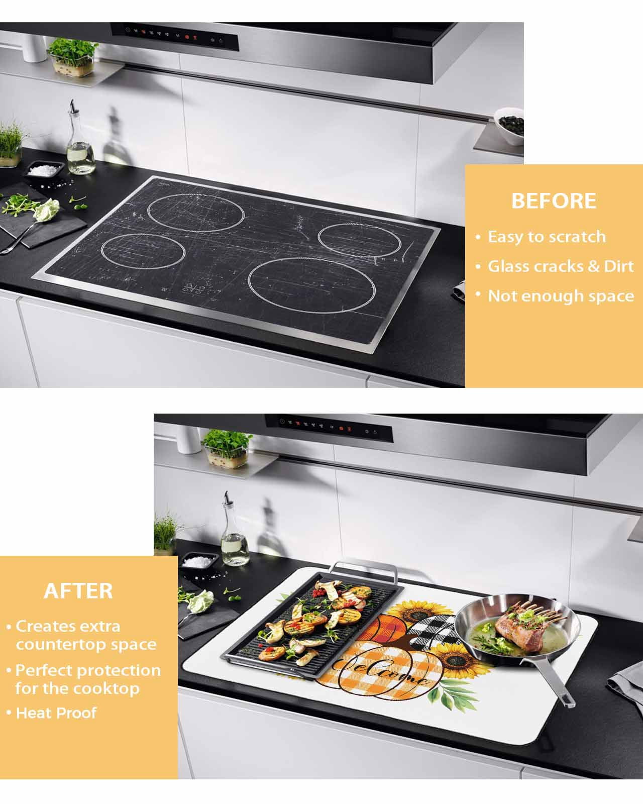 Large Induction Cooktop Protector Mat Thanksgiving Stove Top Covers for Electric Stove, Fall Colorful Plaid Pumpkin Sunflower Leaf Decorative Stove Burner Cover Mats, Glass Top Stove Cover