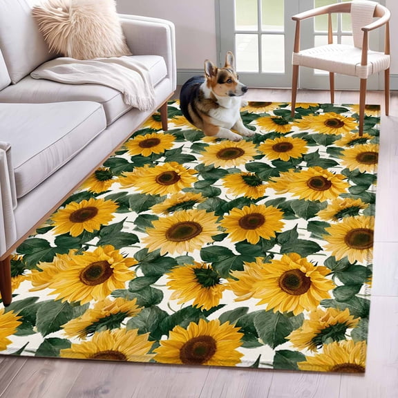 Sunflower Area Rugs 4'x6', Washable Small Throw Rugs for Office Bathroom, Vintage Spring Floral Botanical Yellow Green Indoor Outdoor Rug Non-Slip Low Pile Carpet Runner Reversible Floor Mats