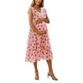 thumbnail image 4 of Gyujnb V Neck Ruffle Flutter Sleeve Heart Print Maternity Midi Dress Lightweight Breathable Chiffon Tiered Ruffle Hem Empire Waist Loose Gown,S, 4 of 9