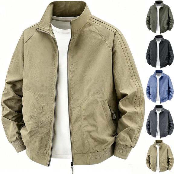 Men's Casual Bomber Jacket Breathable Mesh Lined Lightweight Windproof Windbreaker Zip Up Coat with Pockets for Travel Work Outdoor, Khaki, XL