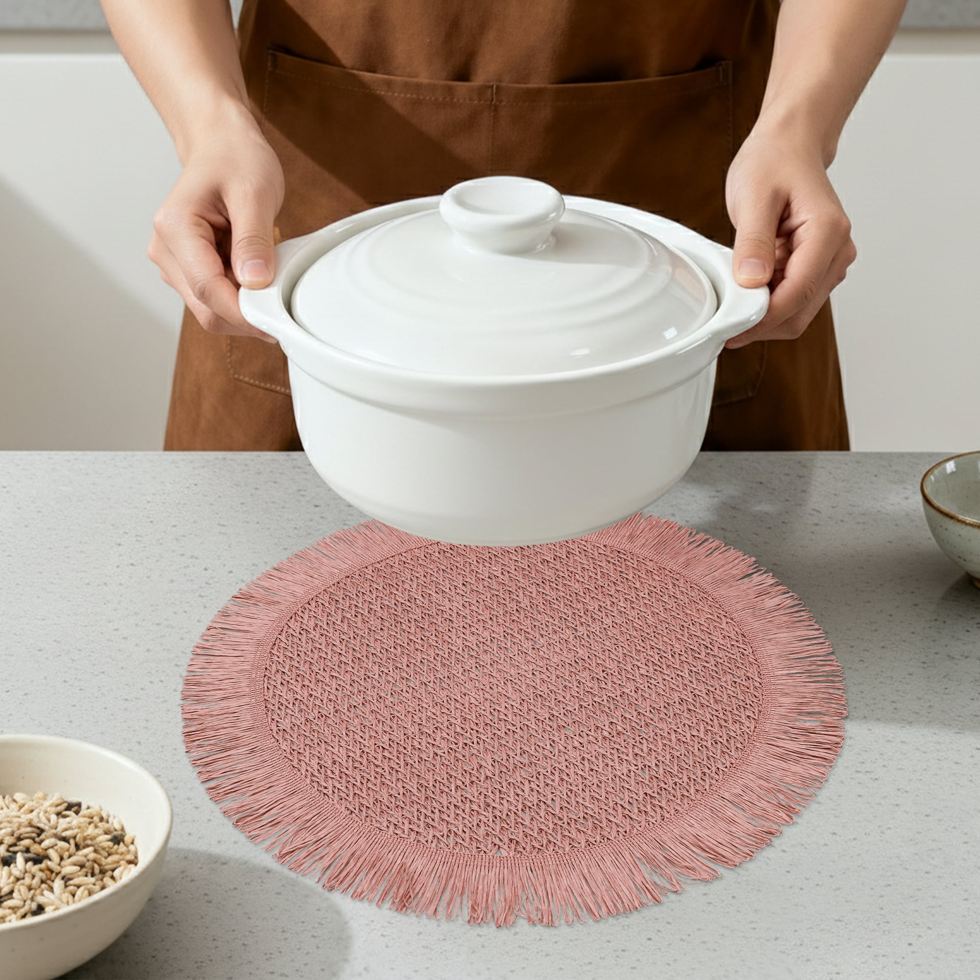 Unique Bargains Set of 6 Rustic Woven Placemats for Dining Table Decor Pink