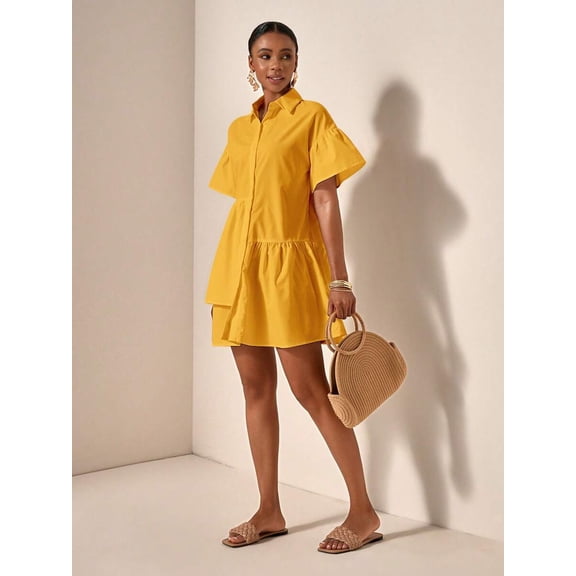 Yellow Solid Front Button Ruffle Hem Short Sleeve Shirt Dress For Women
