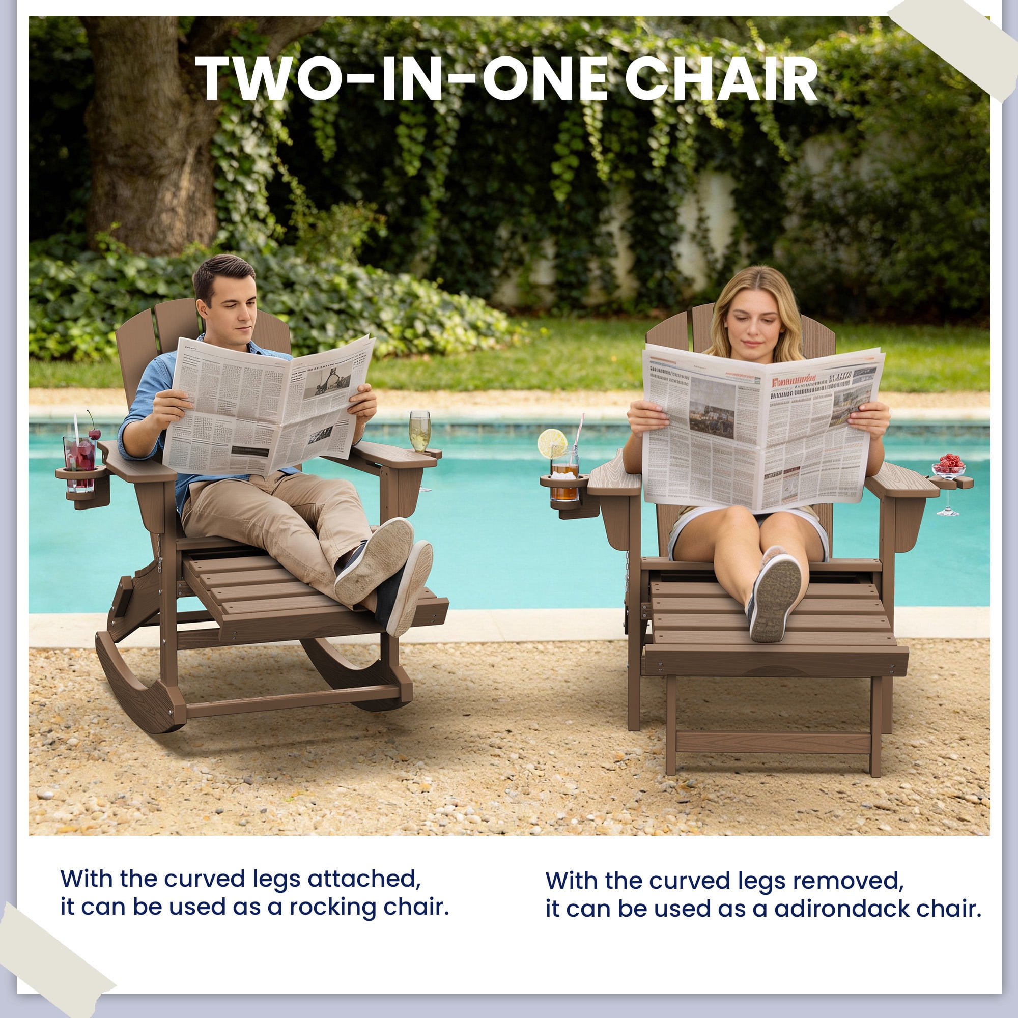 KINGYES Adirondack Rocking Chair Set of 2 with Retractable Ottoman and Cup Holders, HDPE Adirondack Rocker, Patio Rocking Chair for Porch, Patio, Brown