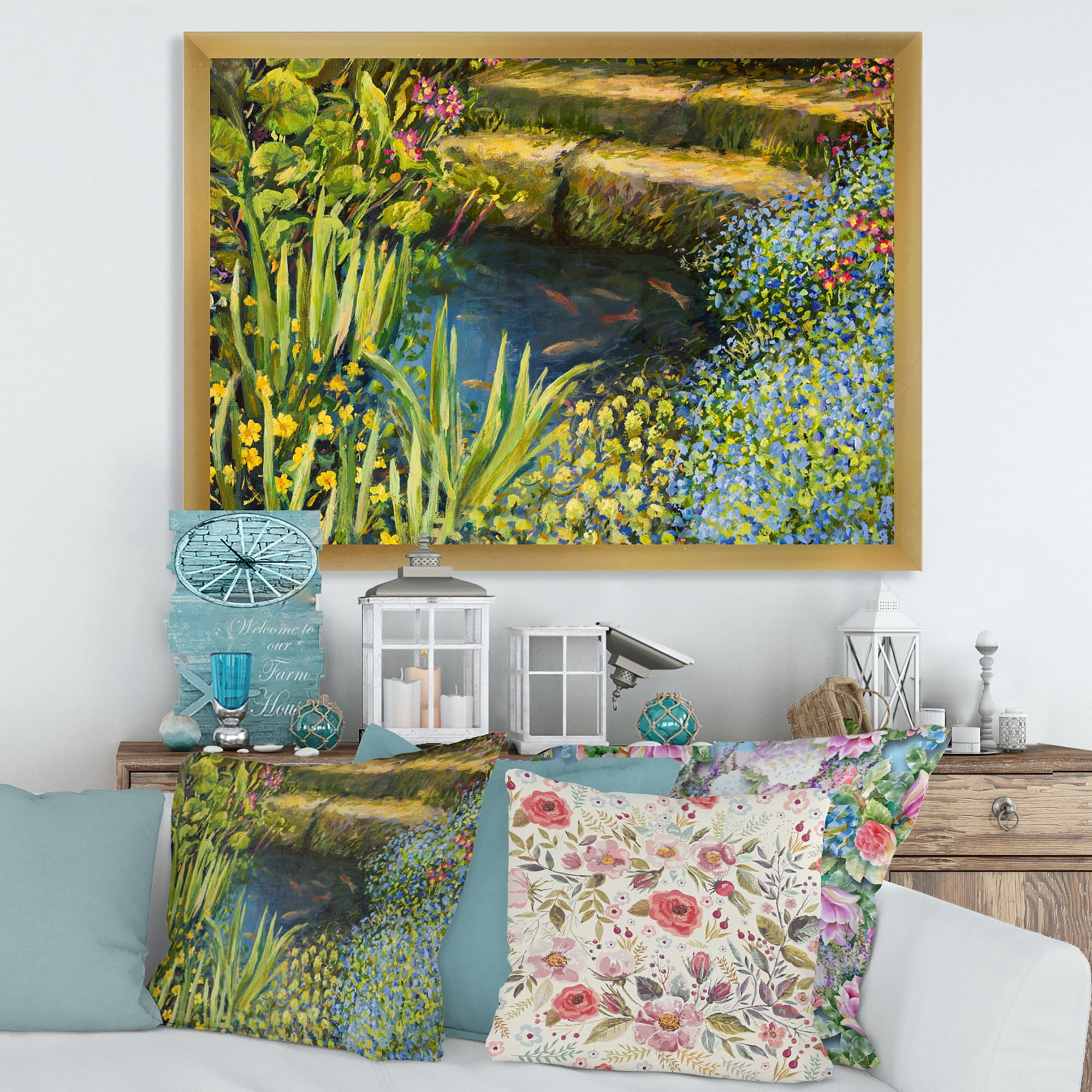 Designart 'Colorful Silence Flowers At The Lake Side' Lake House Framed Art Print