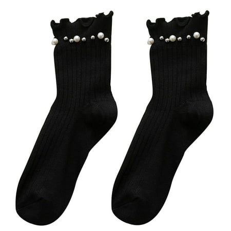 

Women Ribbed Cotton Crew Socks with Pearls Beaded Ruffled Trim Solid Mid Hosiery