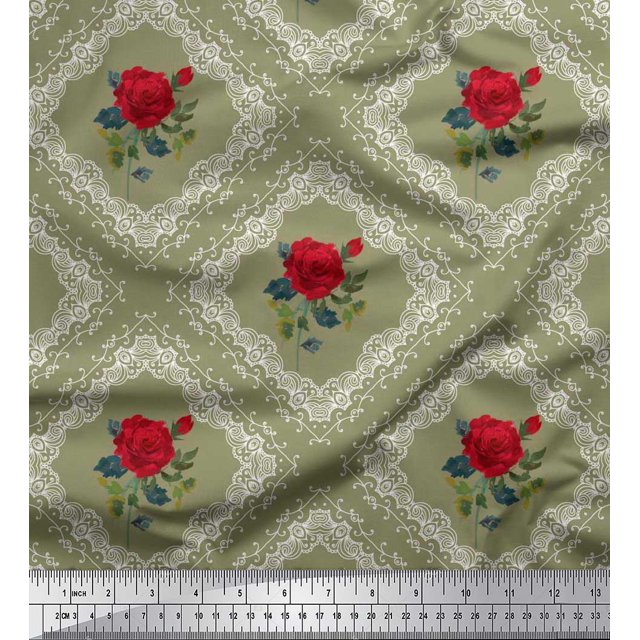 Toile de Coton Cambric Check, Feuilles & Rose Imprimé Floral Tissu par Yard 56 Pouces de Large