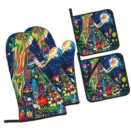 

Honeii Colorful Floral Forest Fairy Pattern Oven Mitts and Pot Holders Silicone Oven Gloves 500 F Heat Resistant Oven Mitts Sets 4PCS