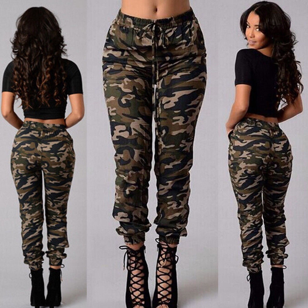Women Camouflage Slim Medium Waist Military Style Joggers Casual Capri Plus Size