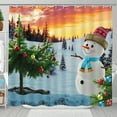 thumbnail image 1 of Whimsical Snowman Shower Curtain - Festive Winter Scene with Christmas Tree & Sunset, 1 of 4