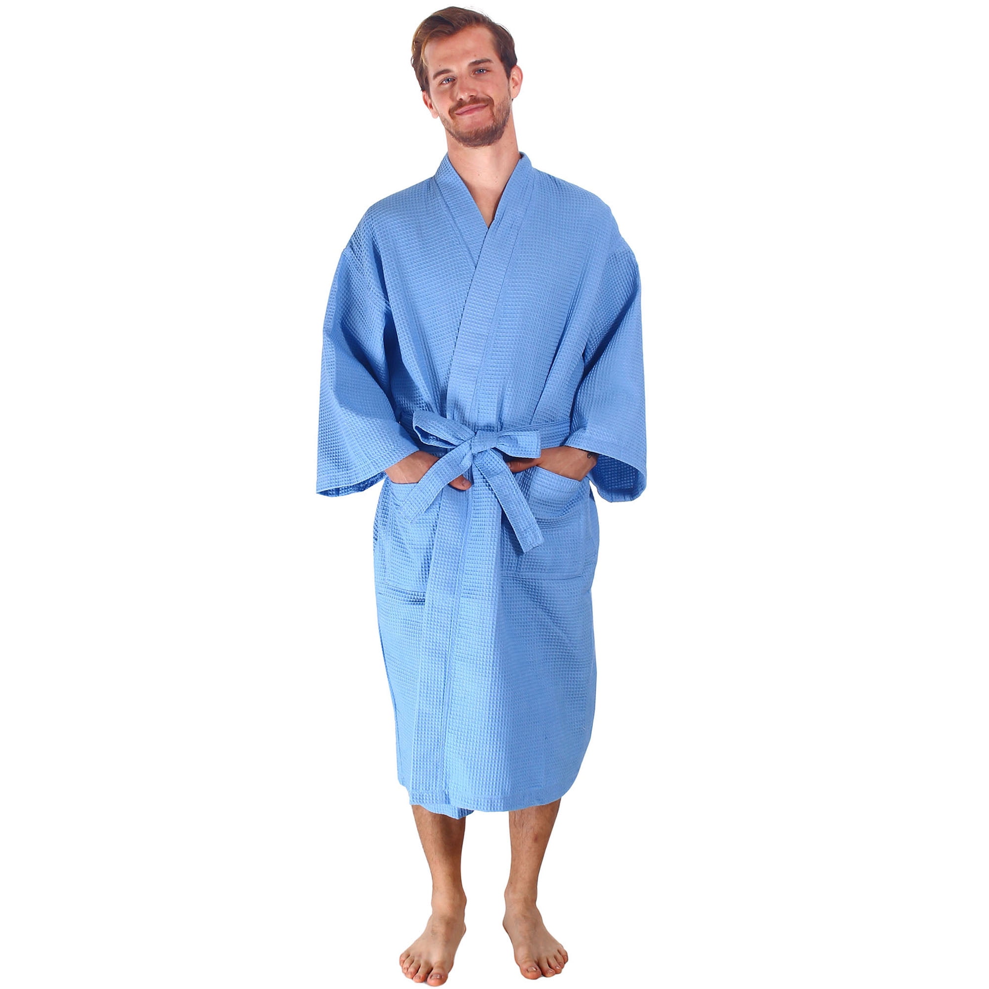 Men/Women's 100 Cotton Waffle Weave White Spa Robe, Sky Blue