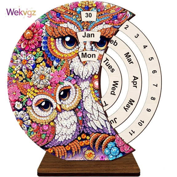 Owl Diamond Art Painting Perpetual Desk Calendar Kit, Wooden DIY 5D Art Craft for Adults, Home Decor