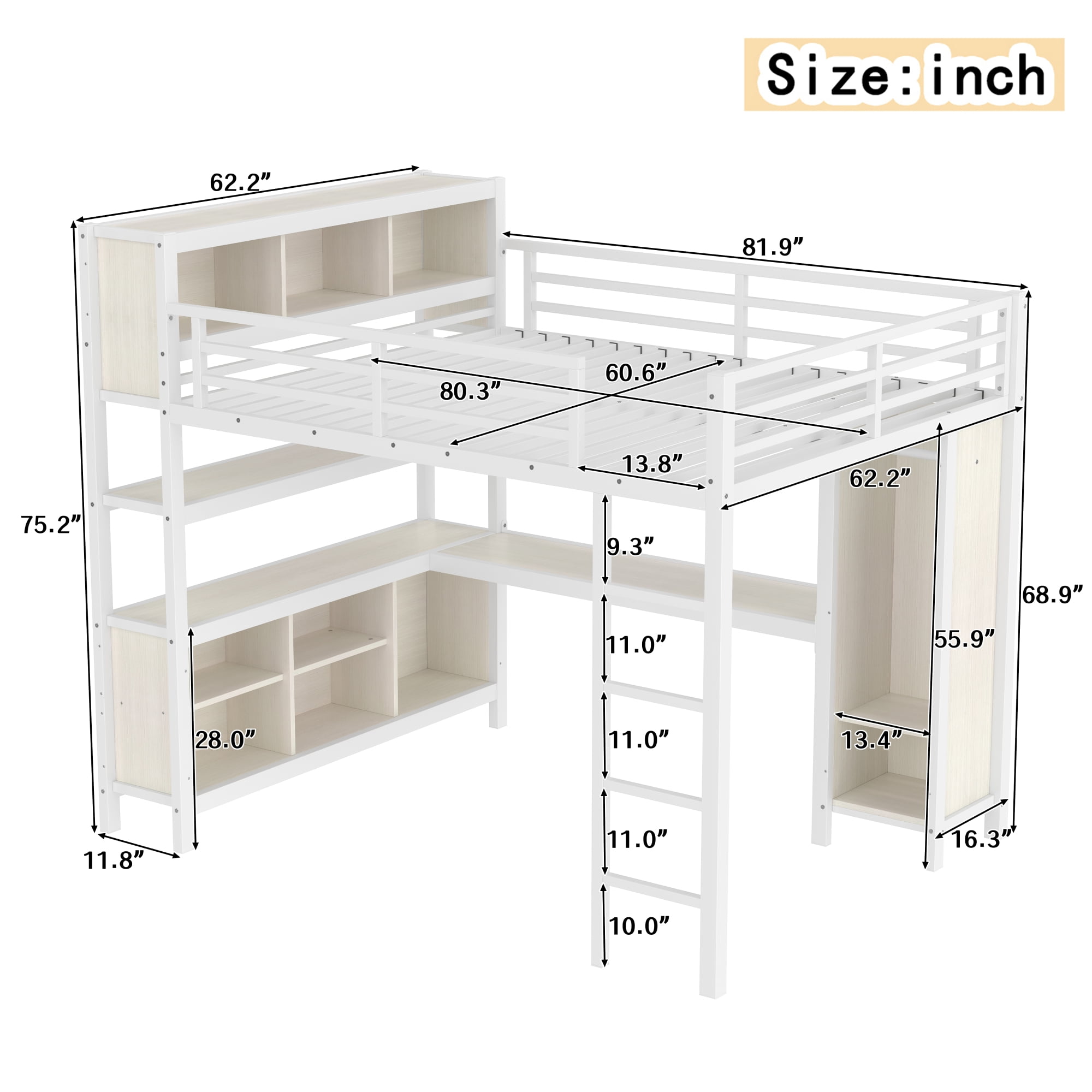 Queen Size Loft Bed with Wardrobe And L-shaped Desk, Metal Loft Bed with Storage Cubes and Shelves, Heavy Duty Loft Bed for Kids Teens Adults, White