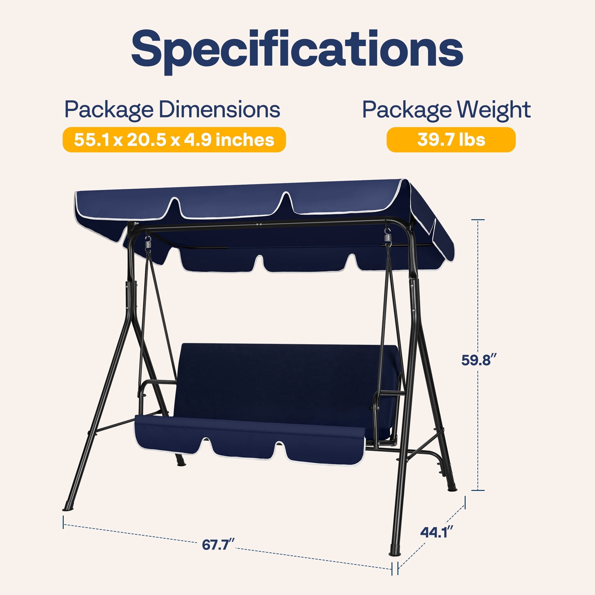 SPECSTAR 3 Seats Patio Porch Swing Chair, Converting Canopy,Removable Cushion,Cushioned Steel Frame Porch Canopy Swing Chair for Patio Garden,Blue