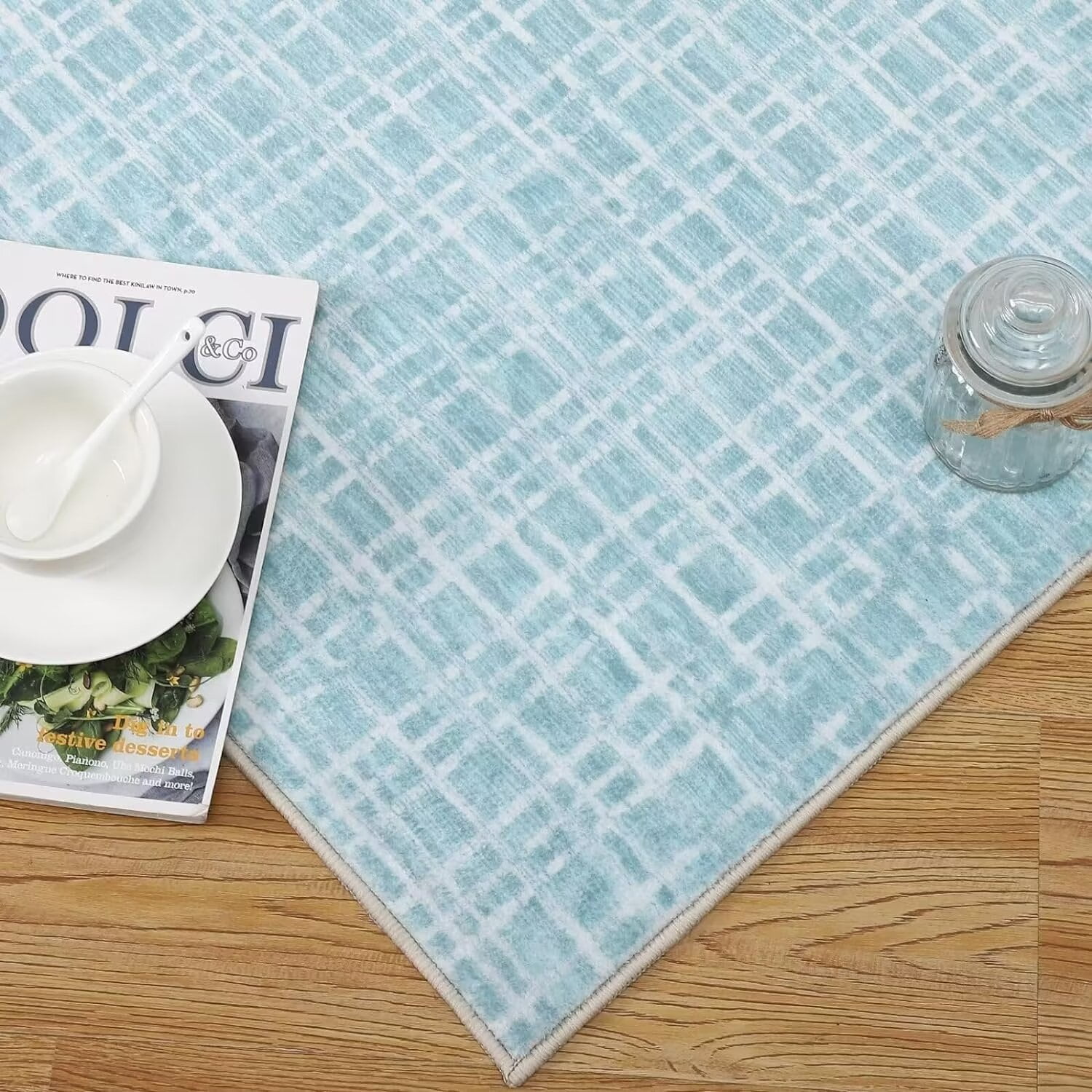 GlowSol 5x7 Area Rug Modern Geometric Rug Farmhouse Plaid Carpet Non-Slip Low Pile Washable Rug Indoor Foldable Thin Rug Home Floor Decor, Teal