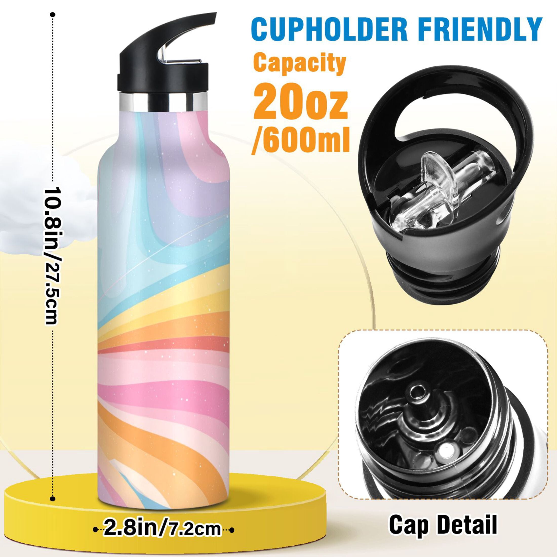 Kids Insulated Stainless Steel Sports Water Bottle 600ml Colorful Rainbow Butterfly