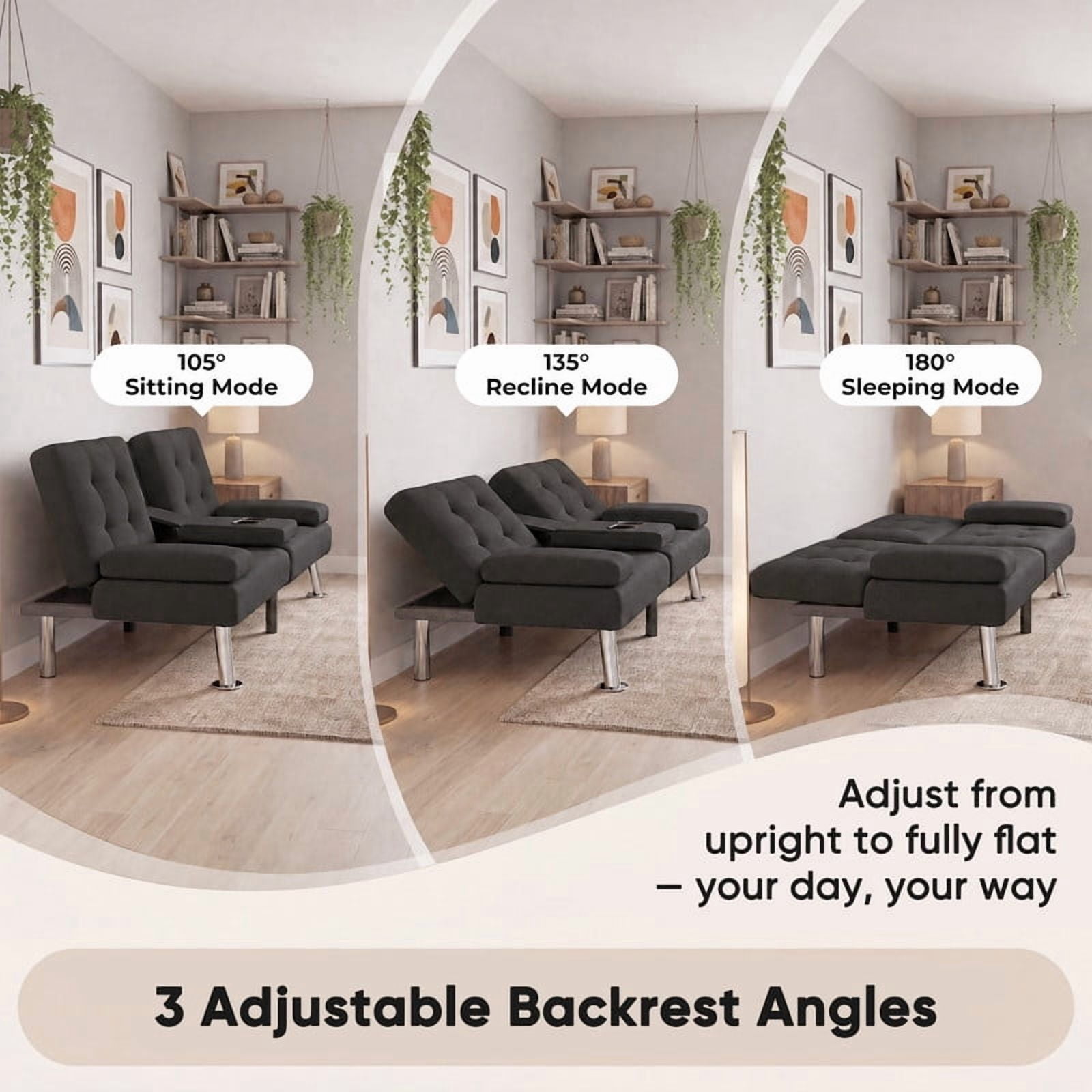 Lacoo 2-Pack Futon Sofa Bed, Linen Convertible Couch Sleeper Sofa, Cup Holders, Small Spaces,Black