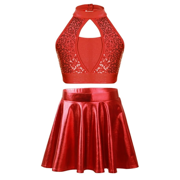 YONGHS Sparkle Dance Outfit for Girl Ballet Jazz Hip Hop Dance Crop Top with Pleated Skirt Set Red 8