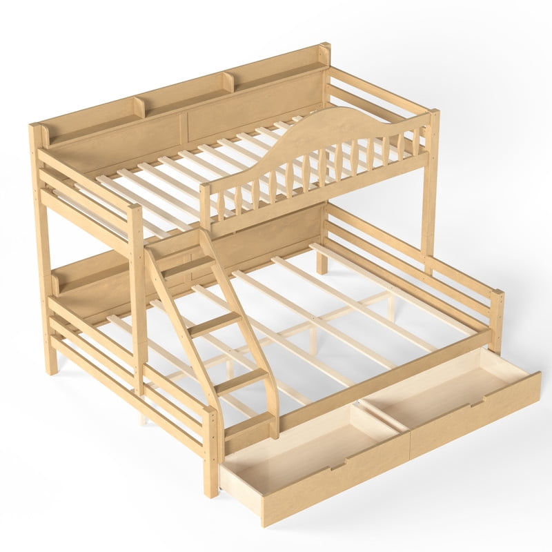 Twin XL Over Queen Bunk Bed with Storage Drawers, Solid Wood Bunk Bed Frame with Curved Guardrails, Side Storage Shelves and Ladder, No Box Spring Needed