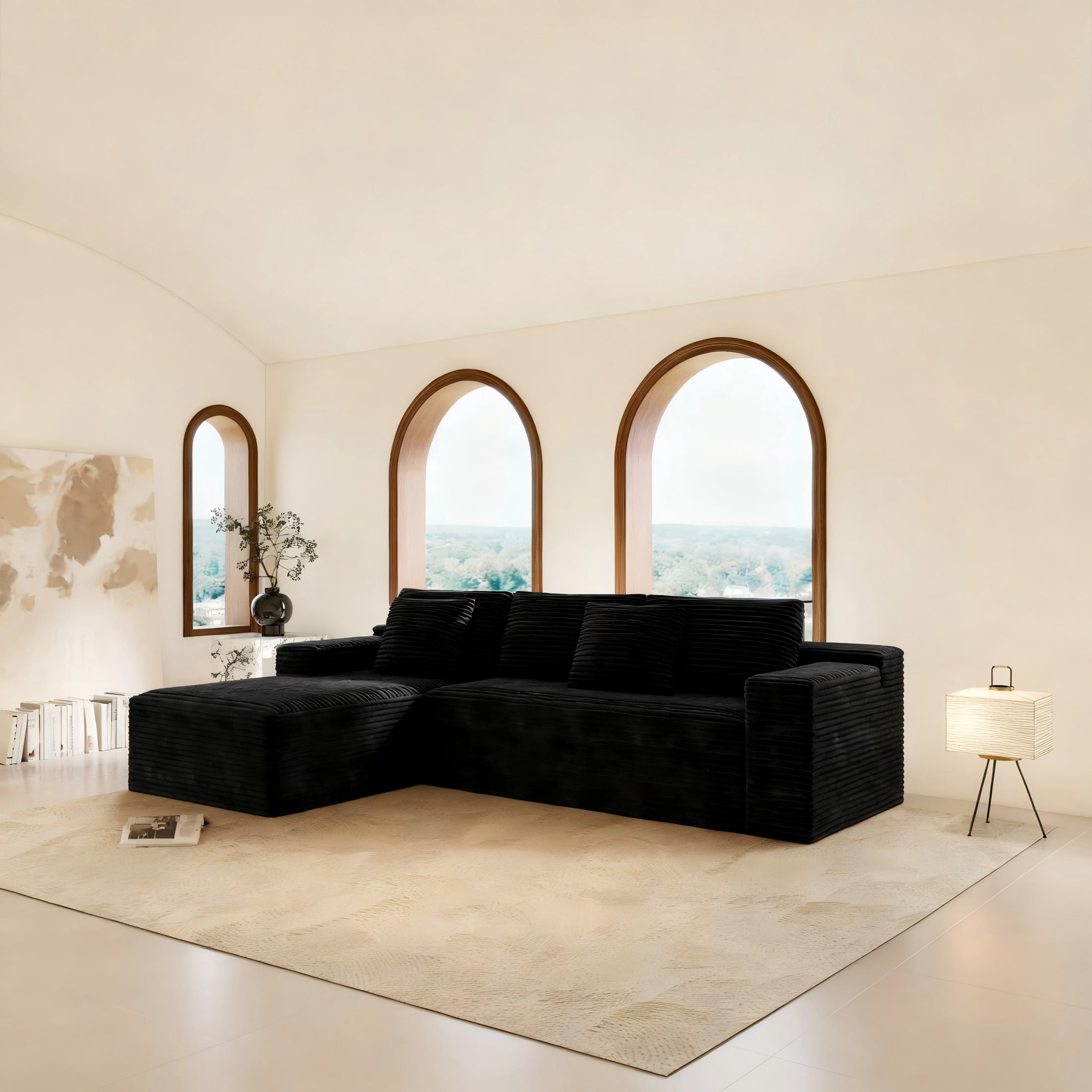 Aukfa 104" Modular Cloud Sectional Sofa with Left-Facing Chaise, Plush Corduroy Upholstered Deep Seat Couch, No Assembly Required for Living Room/Bedroom/Apartment, Black