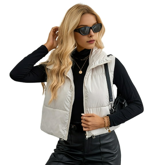 Women's Padded Vest Lightweight Stand Collar Sleeveless Short Warm Vest Drawstring Hem Zipper Closure Casual Gilet for Autumn Winter