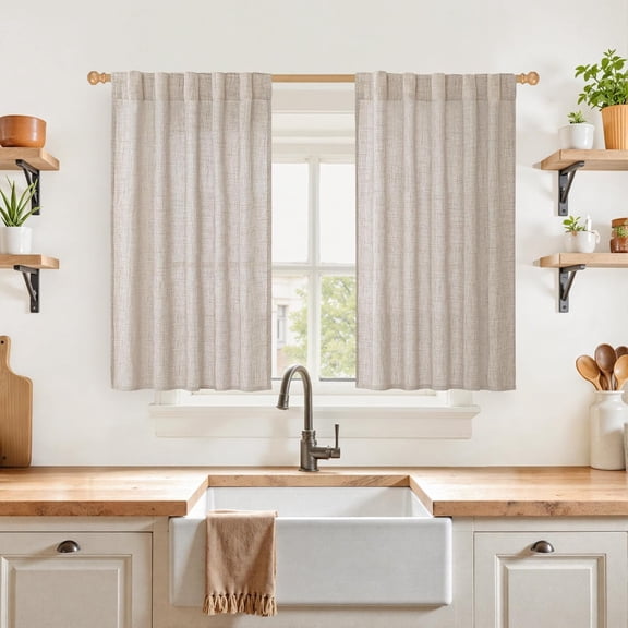 Short Linen Curtains for Kitchen Window, Semi Sheer Cafe Drapes Light Filtering with Rod Pocket Back Tab, 2 Panels