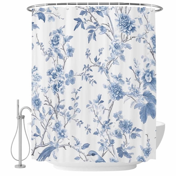 Xipuska Blue White Spring Floral Shower Curtain - Water Repellent Fabric Shower Curtains Washable, Summer Botanical Birds Decorative Polyester Cloth Bathroom Curtains Modern Bath Decor 72"x78"