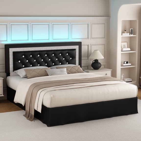 SIBEDS Bed Frame with Adjustable Headboard and Diamond Button PU Black Upholstered Tufted Beds, Twin