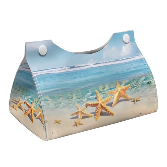 COEQINE Tissue Box Cover PU Leather Rectangular Facial Paper Organizer Facial Tissue Dispenser Modern Decorative for Kitchen Bathroom Living Room Office Desk, Beach Starfish Blue Sky