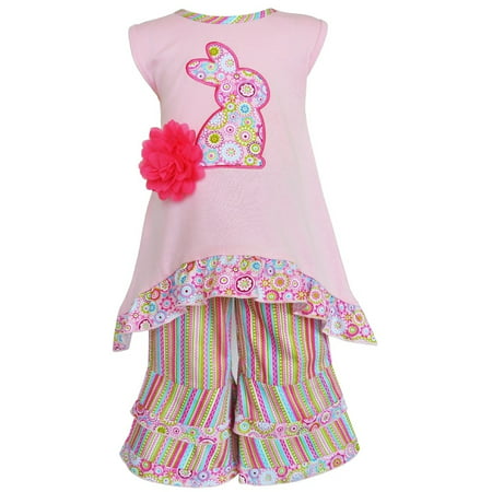 AnnLoren Girls Pink Easter Bunny High Low and Striped Capri Outfit