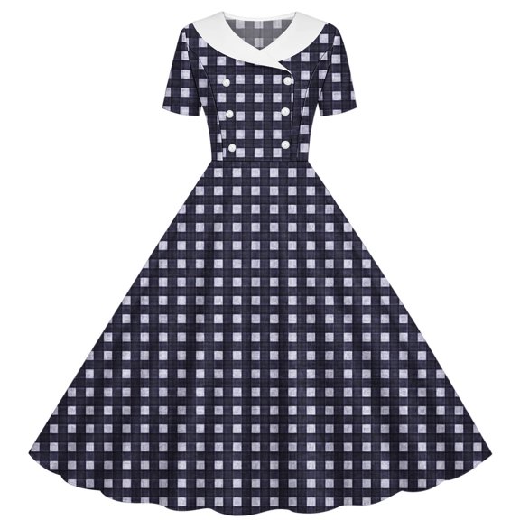 Iyufng Women's Checkered Printed Dresses Hepburn-Style Dress Fitted Waist Button-Down Dress