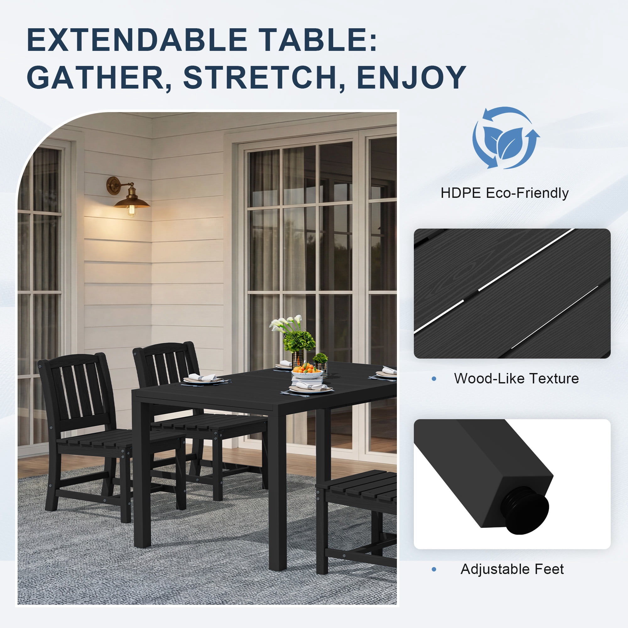 SERWALL 9-Piece Outdoor Dining Set with Expandable Patio Dining Table and 8 Chairs, 60–83 Inch All-Weather HDPE Patio Furniture Sets for Backyard, Garden, Deck, Poolside - Black