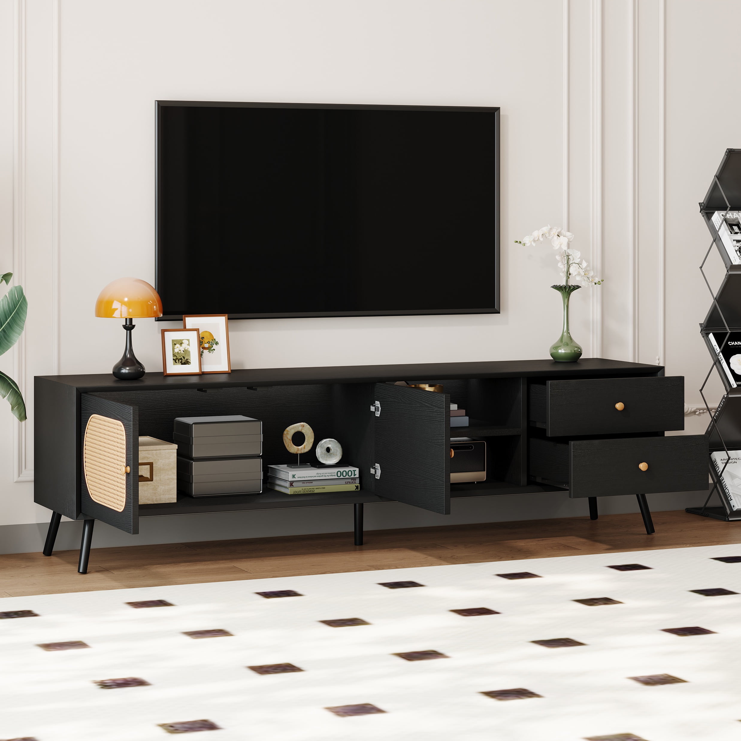 Paproos TV Stand for TVs Up to 80", Mid Century Modern Entertainment Center with Rattan Doors, 2 Drawers, TV Console Table with Open Shelf, Television Stand for Living Room, Bedroom, Black